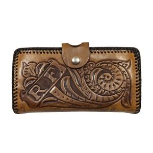 Vintage Hand Tooled Leather Wallet Brown Floral Monogram Kiss Lock Western Boho